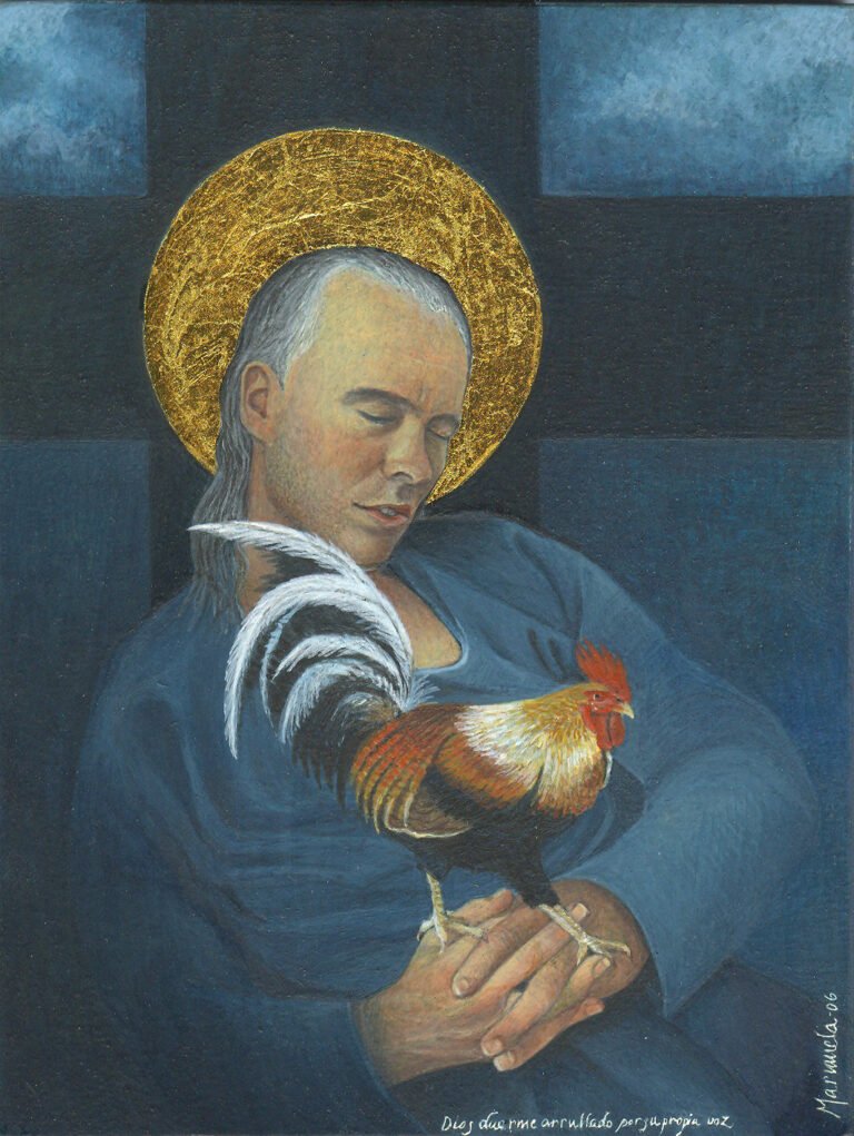 A man with a halo holding a rooster.