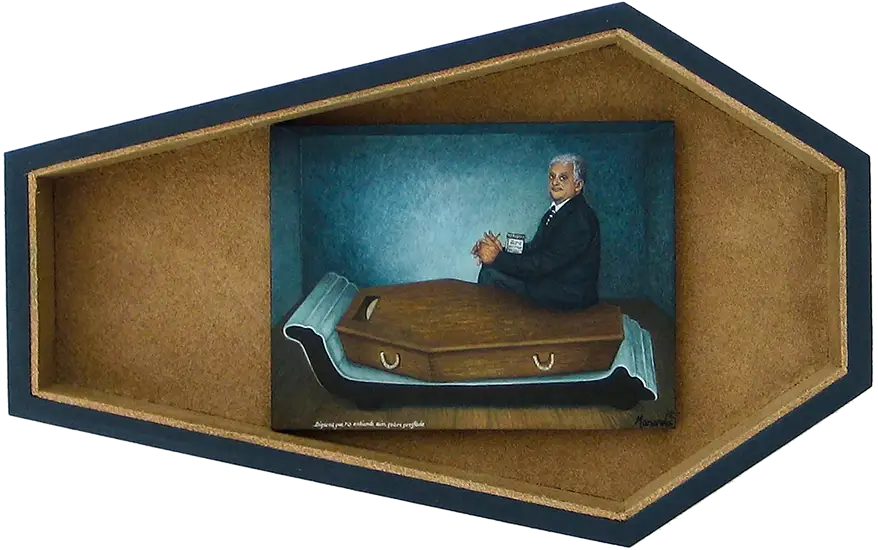 Dígame que no entiende aún sobre su estado. - Tell me what is you don't understand about your condition. 2010. Egg tempera and mixed media assemblage 5.7 x 9 x 1.2 in.