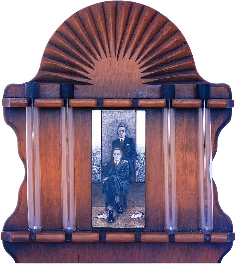 En el laboratorio.- In the laboratory.2010. Egg tempera and mixed media assemblage. 12.2 x 10.6 x 1.8 in.