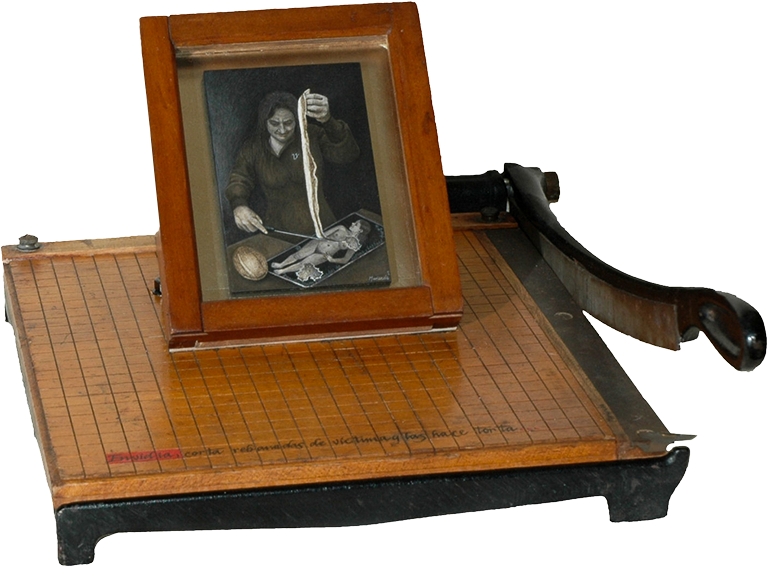 Envidia, corta rebanadas de víctima y las hace torta. - Envy, cuts slices of the victim and prepares a baguette.2010. Egg tempera and mixed media assemblage. 14 x 10.5 x 7 in.