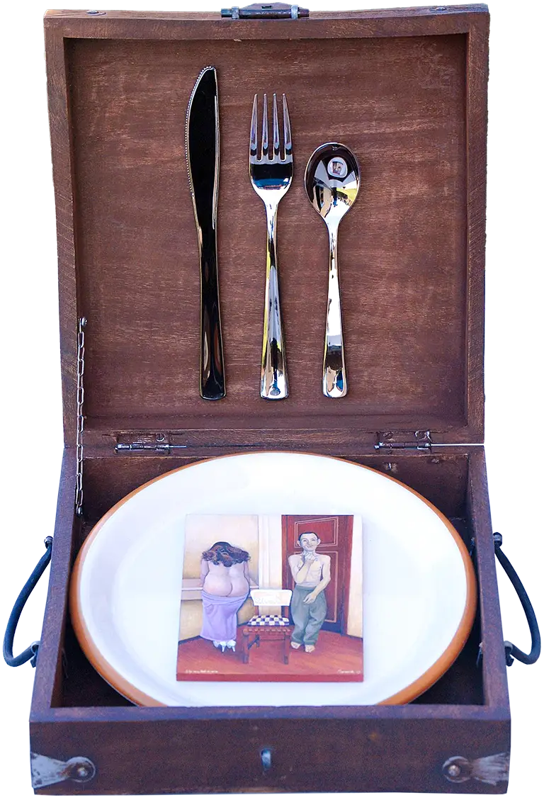 Estoy necesitado de carne. - I am in the need of flesh.2010. Egg tempera and mixed media assemblage. 11.6 x 13.5 x 2.3 in.