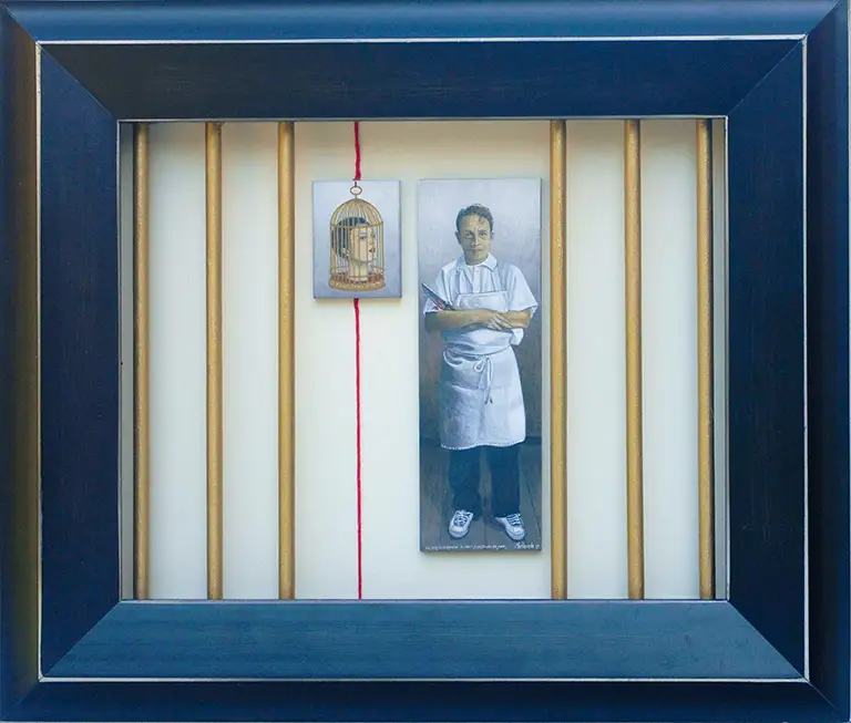 Los celos lo obligaron a hacerse constructor de jaulas.- Jealousy forced him to become a cage maker. 2010. Egg tempera and mixed media assemblage. 11.6 x 13.5 x 2.3 in.