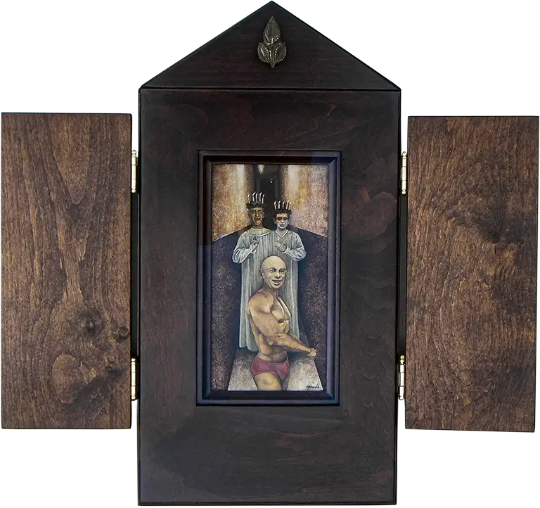 Macho trópico.- Tropical macho.2011. Egg tempera and mixed media assemblage. 17.5 x 9 x 18.2 in.