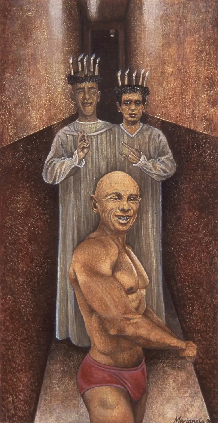 Macho trópico.- Tropical macho.2011. Egg tempera and mixed media assemblage. 17.5 x 9 x 18.2 in.