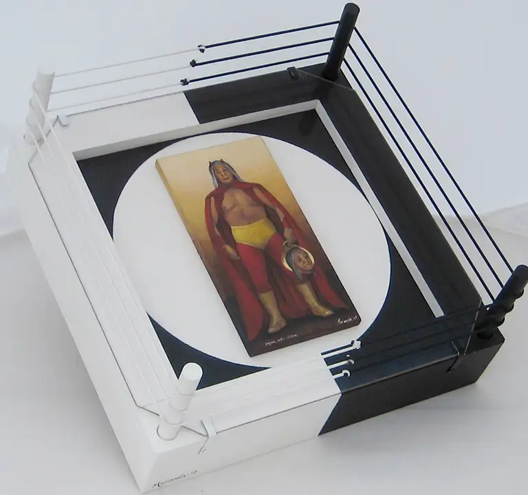 Máscara contra cabellera. - Mask versus mane. 2010. Egg tempera and mixed media assemblage. 8 x8x 5.1 in.