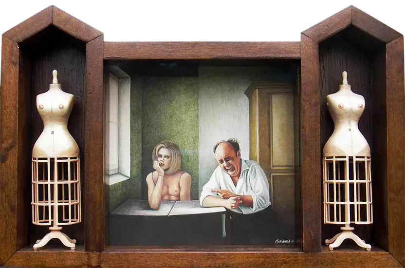 Me encanta jugar a las muñecas.- I love to play with dolls.2011. Egg tempera and mixed media assemblage. 7.2 x 11 x 1.8 in.