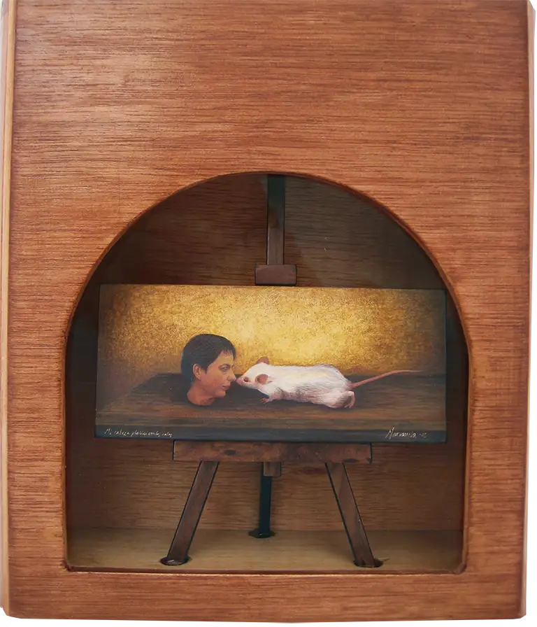 Mi cabeza platica con las ratas.- My head chats with rats. 2010. Egg tempera and mixed mediaassemblage. 7.4 x 7 x 2.7 in.