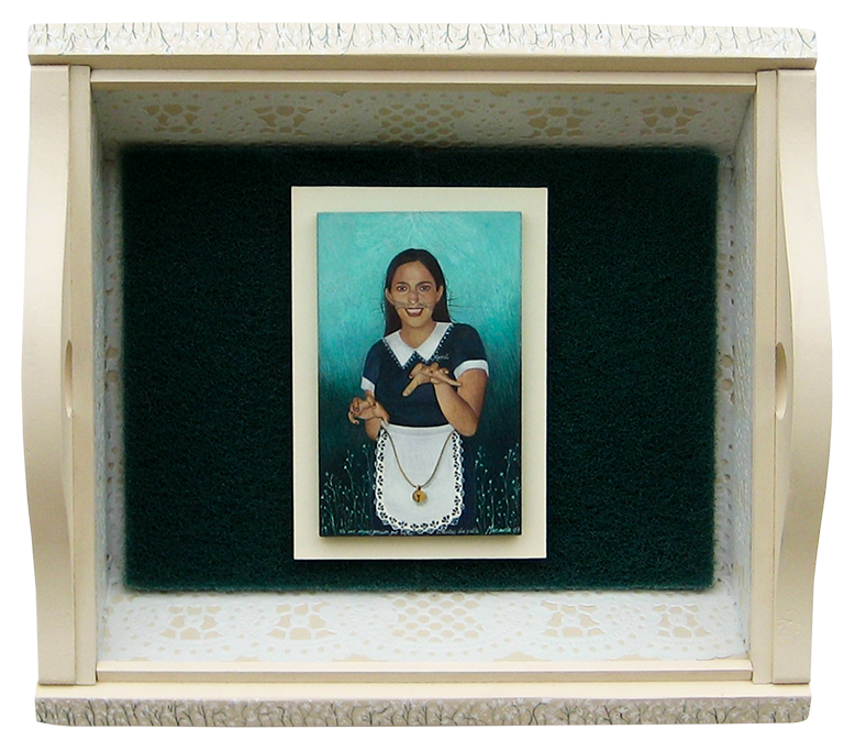 No me menosprecien por tener bigotes de gata.- Don't underestimate me for having cat's whiskers. 2010. Egg tempera and mixed media assemblage. 9.4 x 10 x 3.1 in.