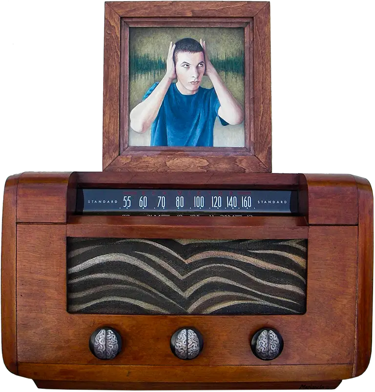 No puedo apagar la necia voz de mi cerebro. - I cannot turn off the stubborn voice of my brain. 2011. Egg tempera and mixed media assemblage. 17.7 x 15.7 x 7 in.