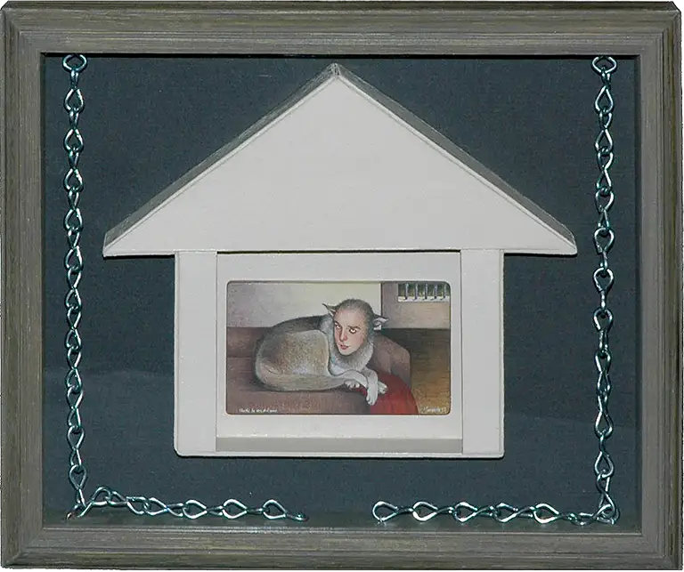 Olvidé la voz del amo. - I forgot the master's voice.2010. Egg tempera and mixed media assemblage. 9 x 11 x 2 in.