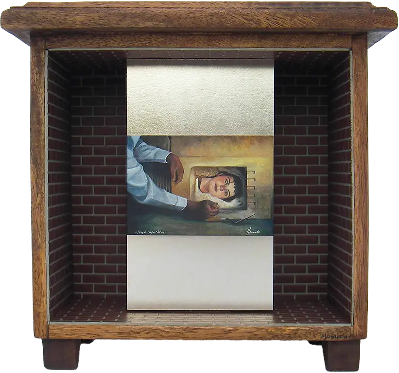 ¿Piensas emparedarme?. - Do you intend to wall me up?. 2011. Egg tempera and mixed media assemblage. 9.5 x 9.7 x 4.7 in.