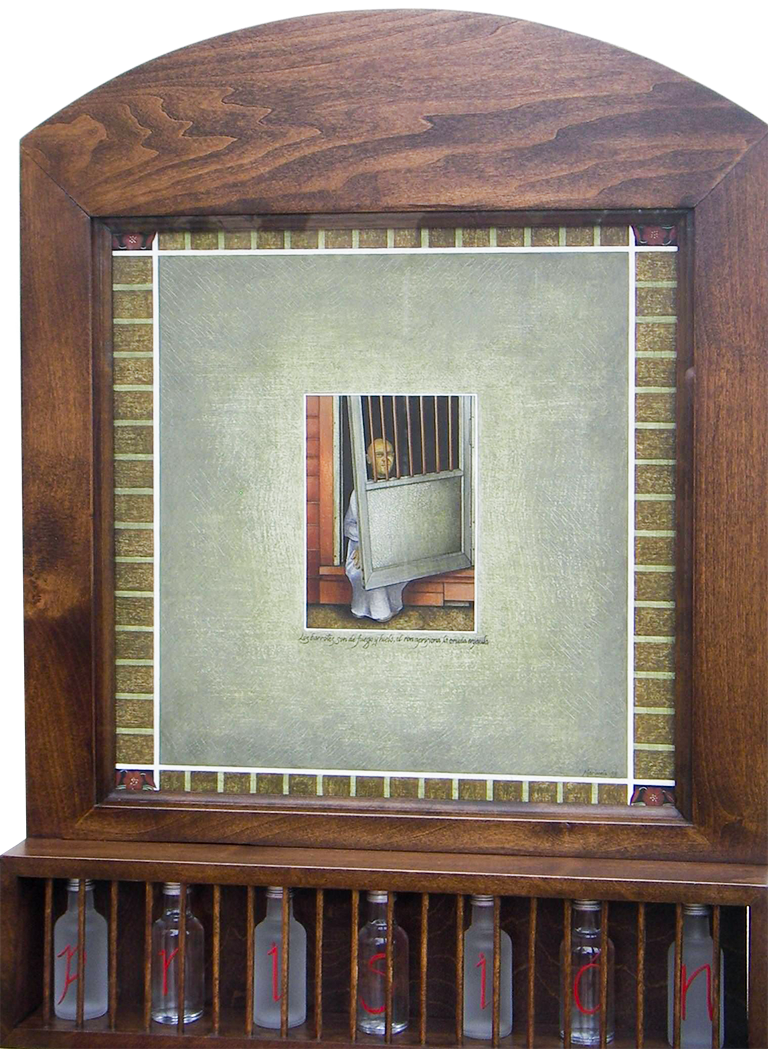 Prisión - Prison. 2011. Egg tempera and mixed media assemblage. 21 x 21.8 x 5.3 in.