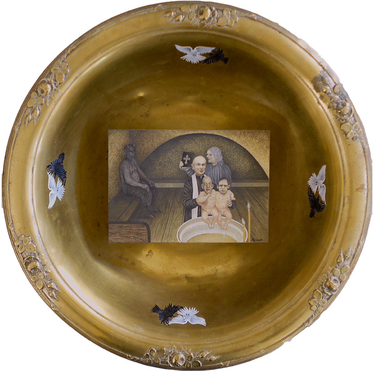 Renuncio a la inexistencia del mal. - I renounce to the non existence of evil. 2011. Egg tempera and mixed media assemblage. 14 in diam. x 5 in. depth.