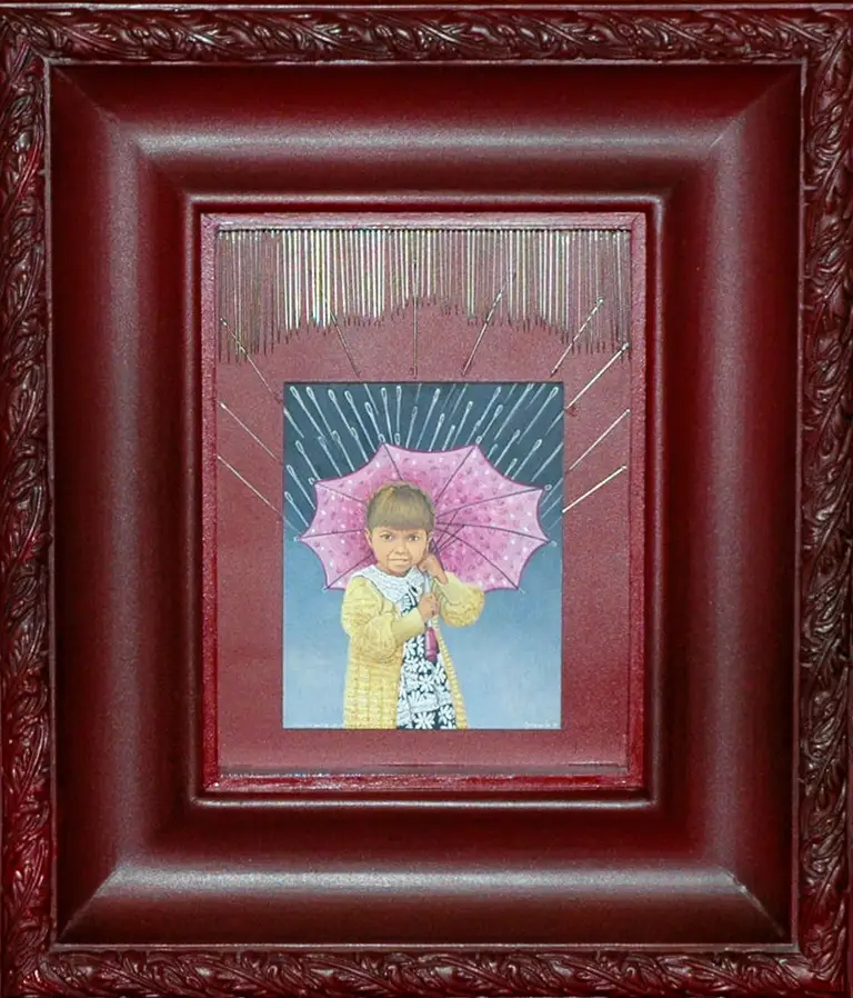 Silencio cargado de agujas. - Silence loaded with needles.2010. Egg tempera and mixed media assemblage. 12 x 14 x 2.7 in.