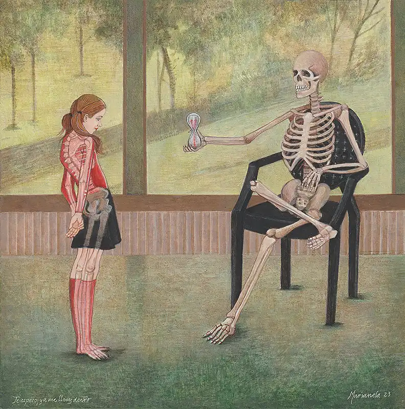 a skeleton holding an hourglass to a girl