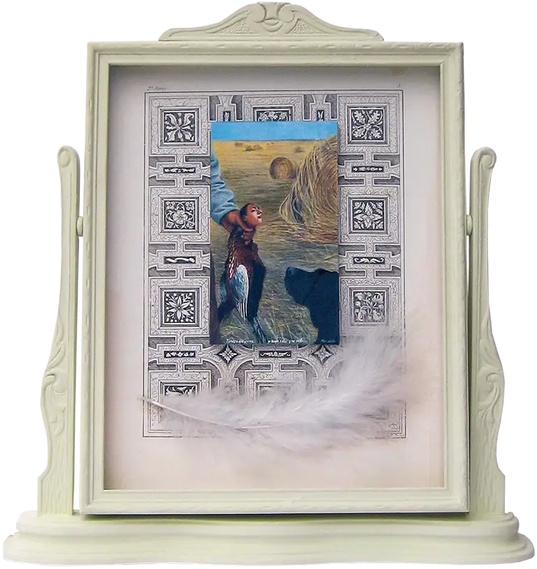 Tienes dos ojos y no ves, tengo dos alas y no vuelo.- You have two eyes and can't see, I have to wings and can't fly. 2010. Egg tempera and mixed media assemblage.. 12 x 11 x 3 in.