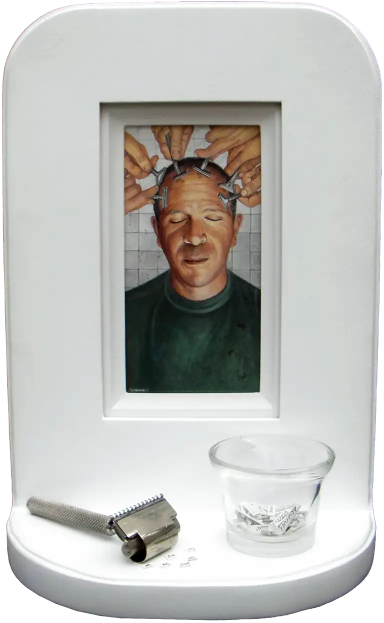 Todas las mañanas rasuro mis pensamientos. - Every morning I shave my thoughts. 2011. Egg tempera and mixed media assemblage. 11.7 x 7.9 x 4.3 in.