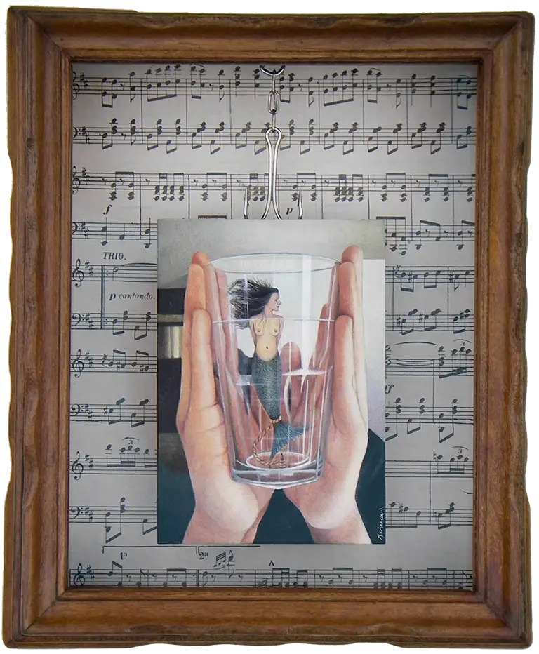 Así no puedo cantar.- I cannot sing like this. 2011. Egg tempera and mixed media assemblage. 11 x 9.3 x 2.7 in.