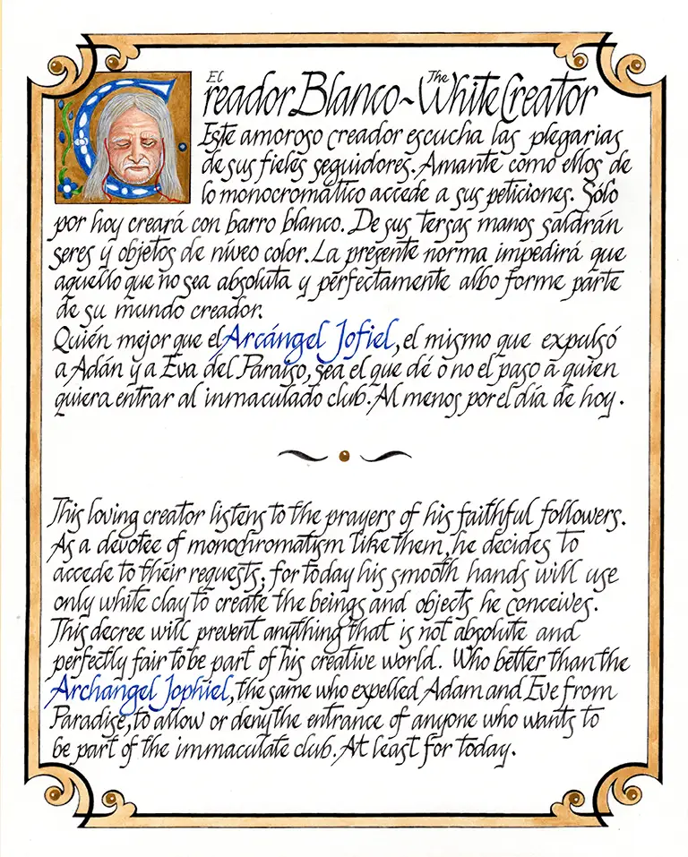 El creador Blanco.- The White Creator. 2017. Egg tempera on board. 10 x 8 in.