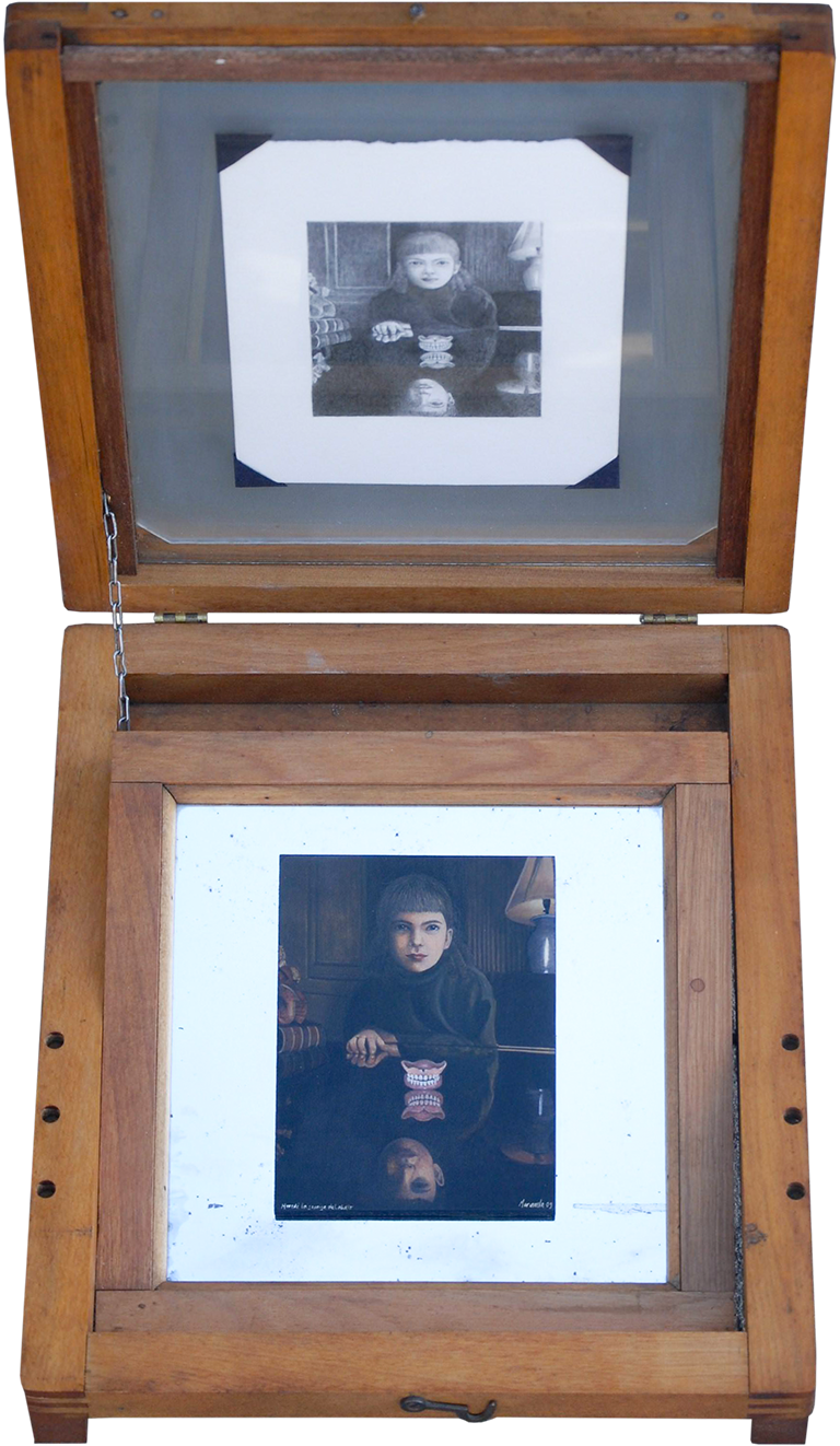 Heredé la sonrisa del abuelo.- I inherited Grandfather's smile. 2010. Egg tempera and mixed media assemblage. 11.8 x 10.6 x 3.1.
