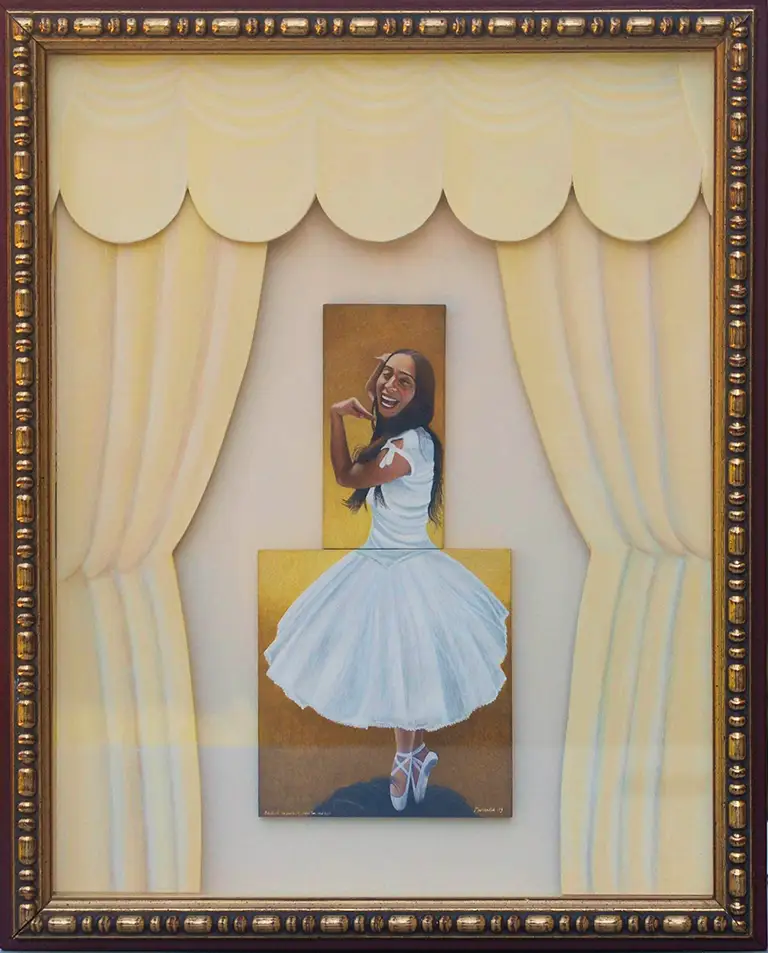 Locura , bailaré de puntitas sobre tu cabeza. - Madness, I will dance in tiptoes on your head. 2010. Egg tempera and mixed media assemblage. 15 x 12.2 x 1.1 in.